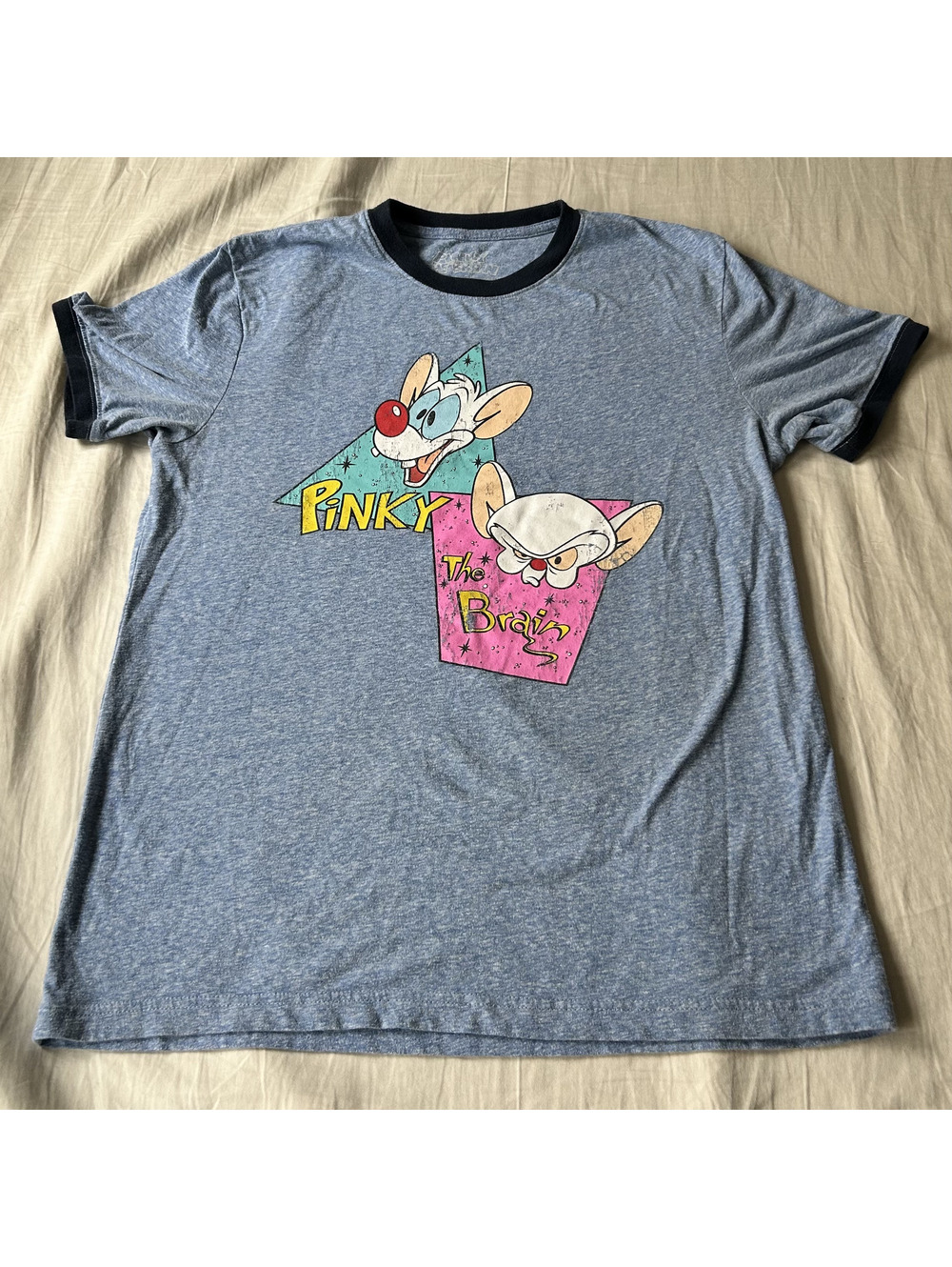 Vintage Style Pinky and the Brain Blue Graphic Ringer T-Shirt Retro Size Medium